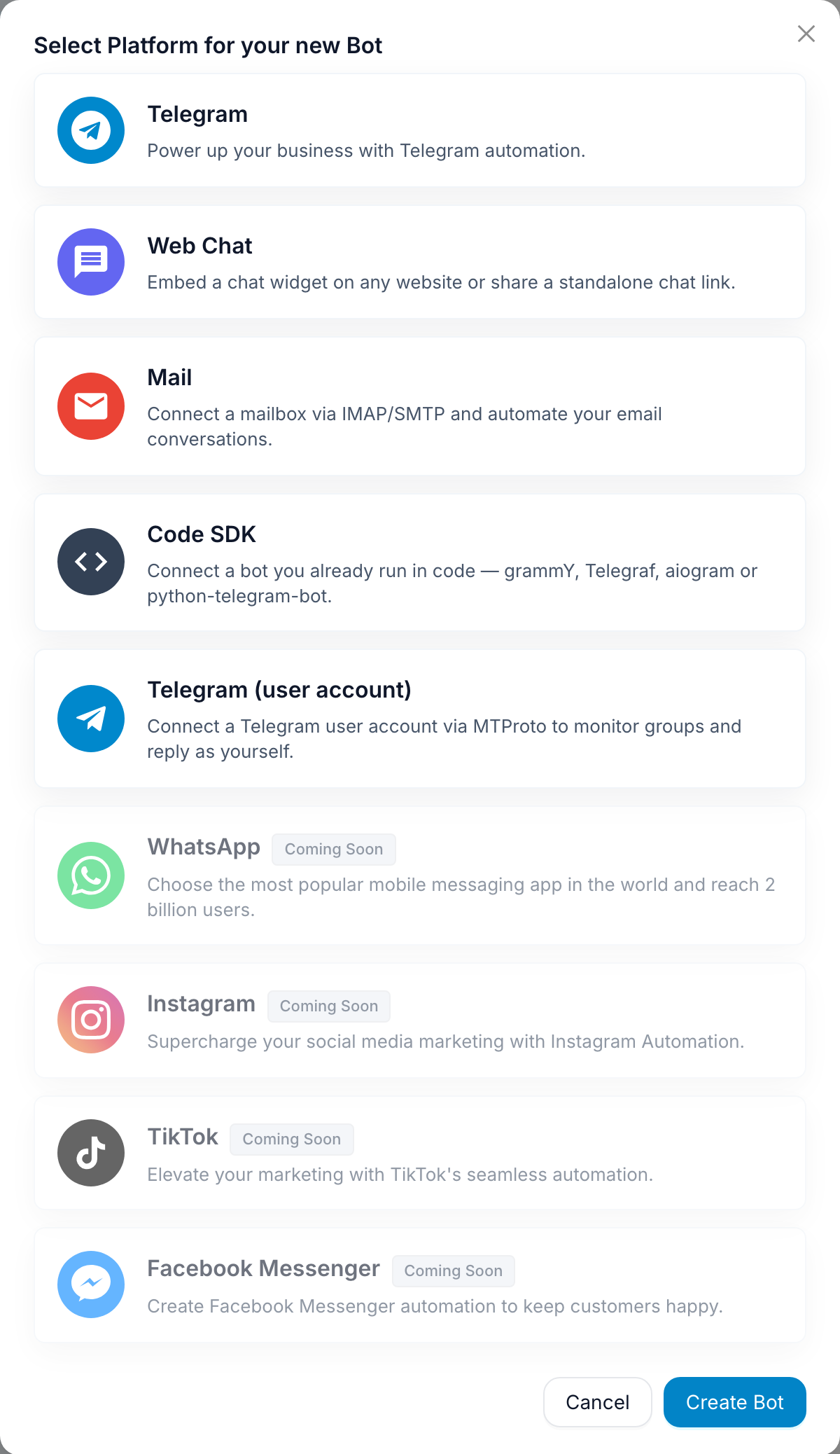 The Add bot dialog in FlowCastle with the Code SDK option: connect a bot you already run in code — grammY, Telegraf, aiogram or python-telegram-bot