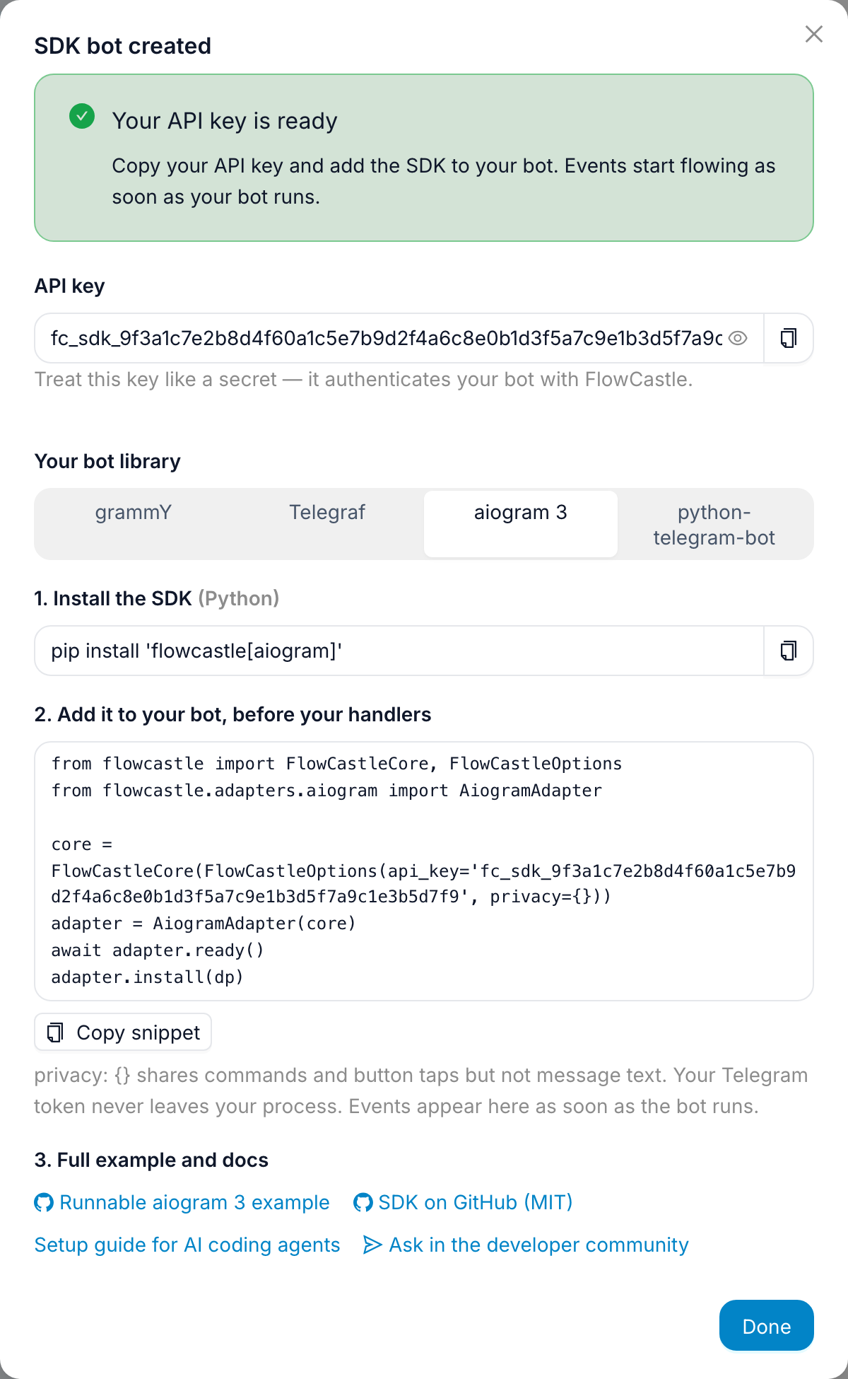 The same dialog with aiogram 3 selected: pip install command and the Python integration snippet