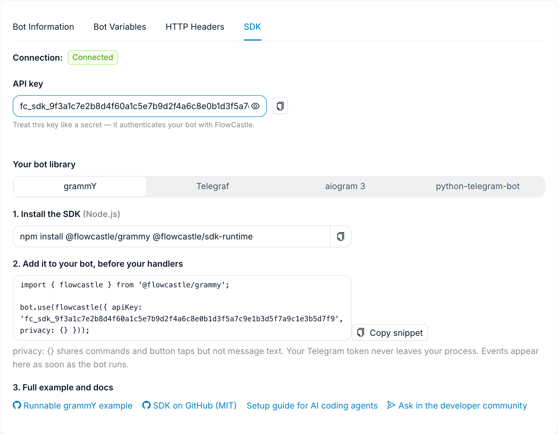 Bot settings, SDK tab: connection status Connected, the API key row and the per-library install instructions