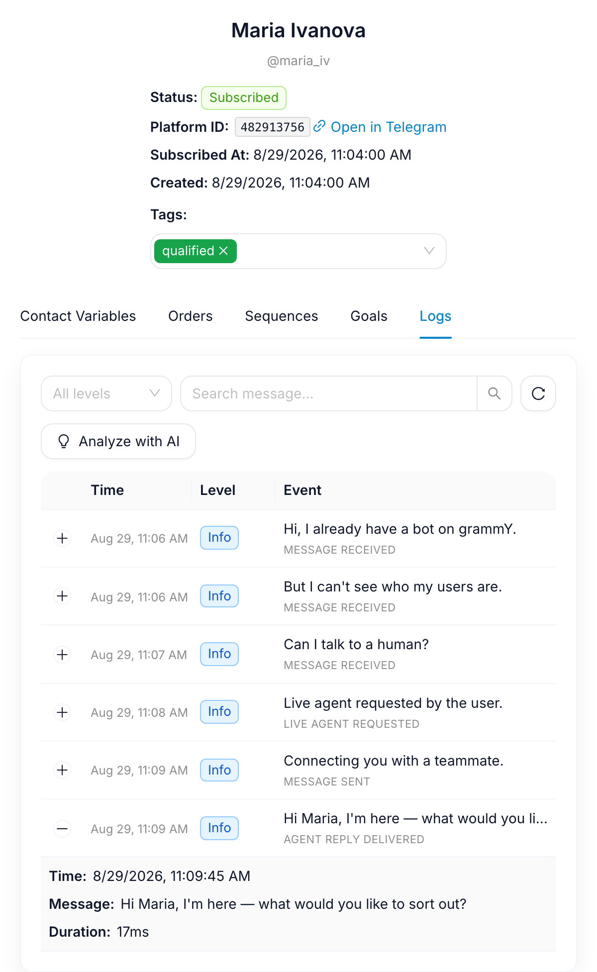 The contact's activity log in FlowCastle: three incoming messages ending in "Can I talk to a human?", the live-agent request, the bot's "Connecting you with a teammate", and the agent's reply delivered through the bot