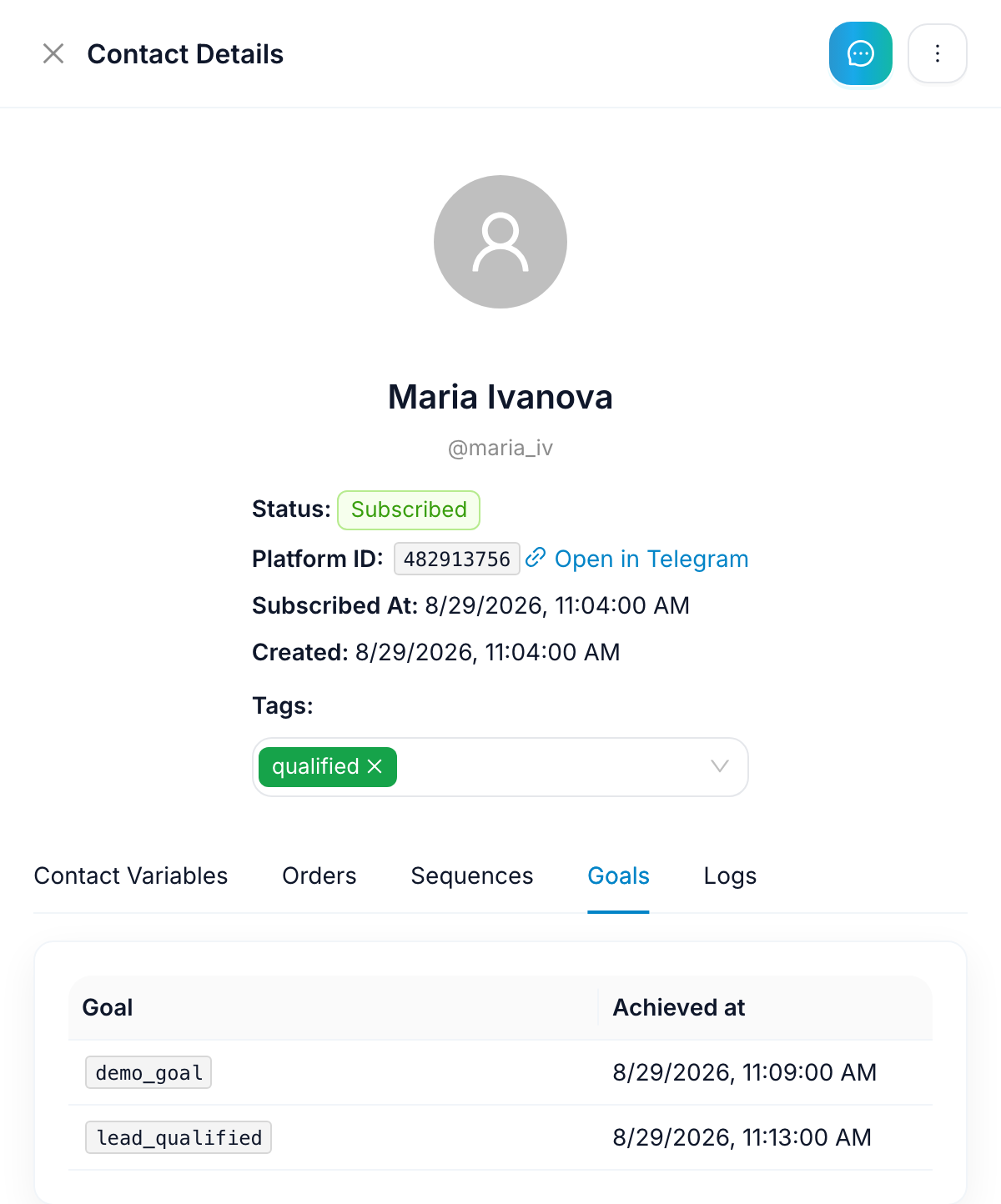 The same contact's Goals tab listing demo_goal and lead_qualified, each with the time it was reached