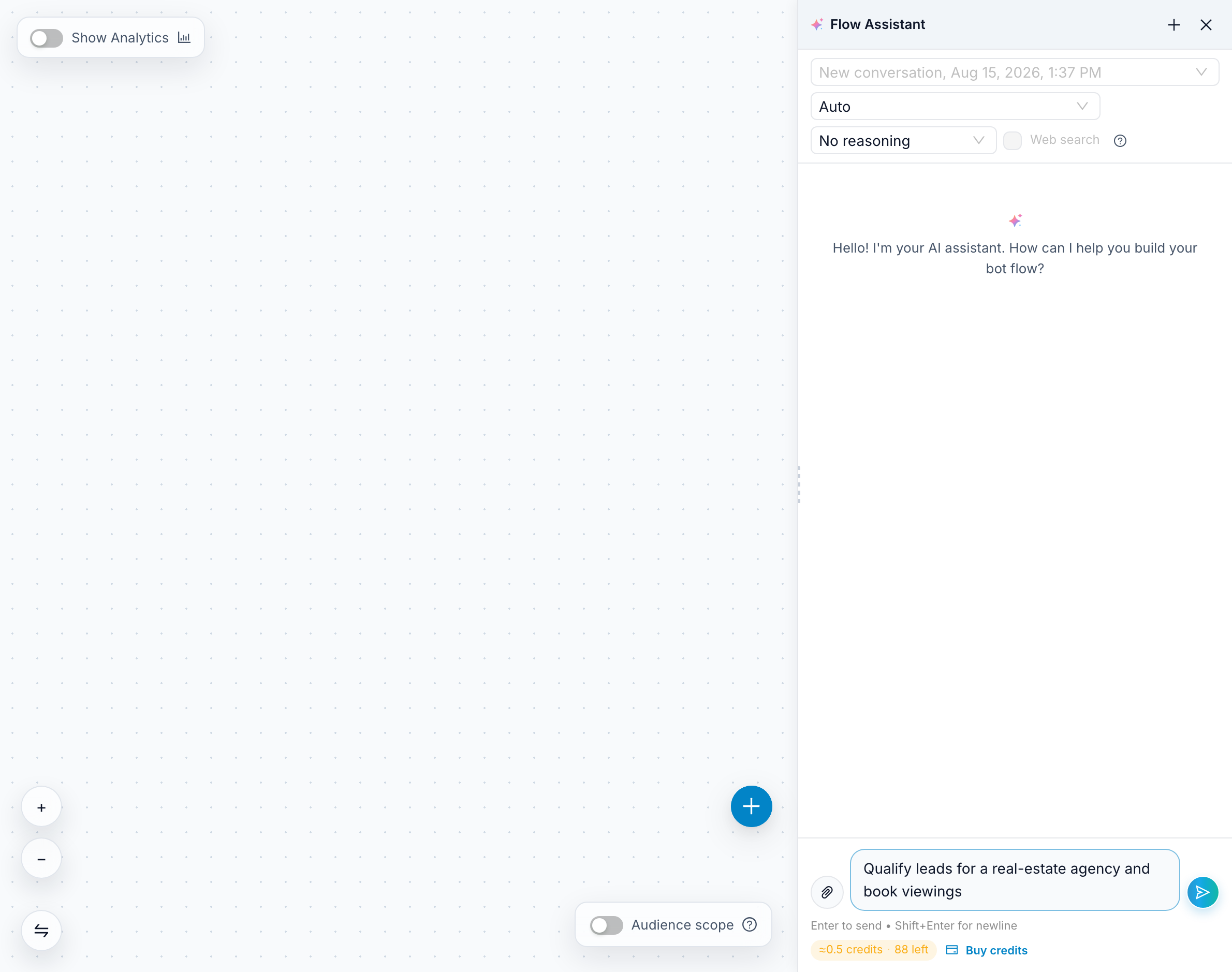 FlowCastle's AI flow assistant with a plain-language brief typed into the prompt box on an empty canvas