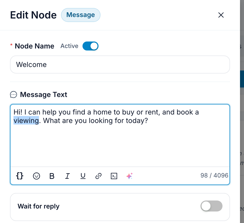 A message step opened for editing on the canvas, with its copy being adjusted after the draft landed