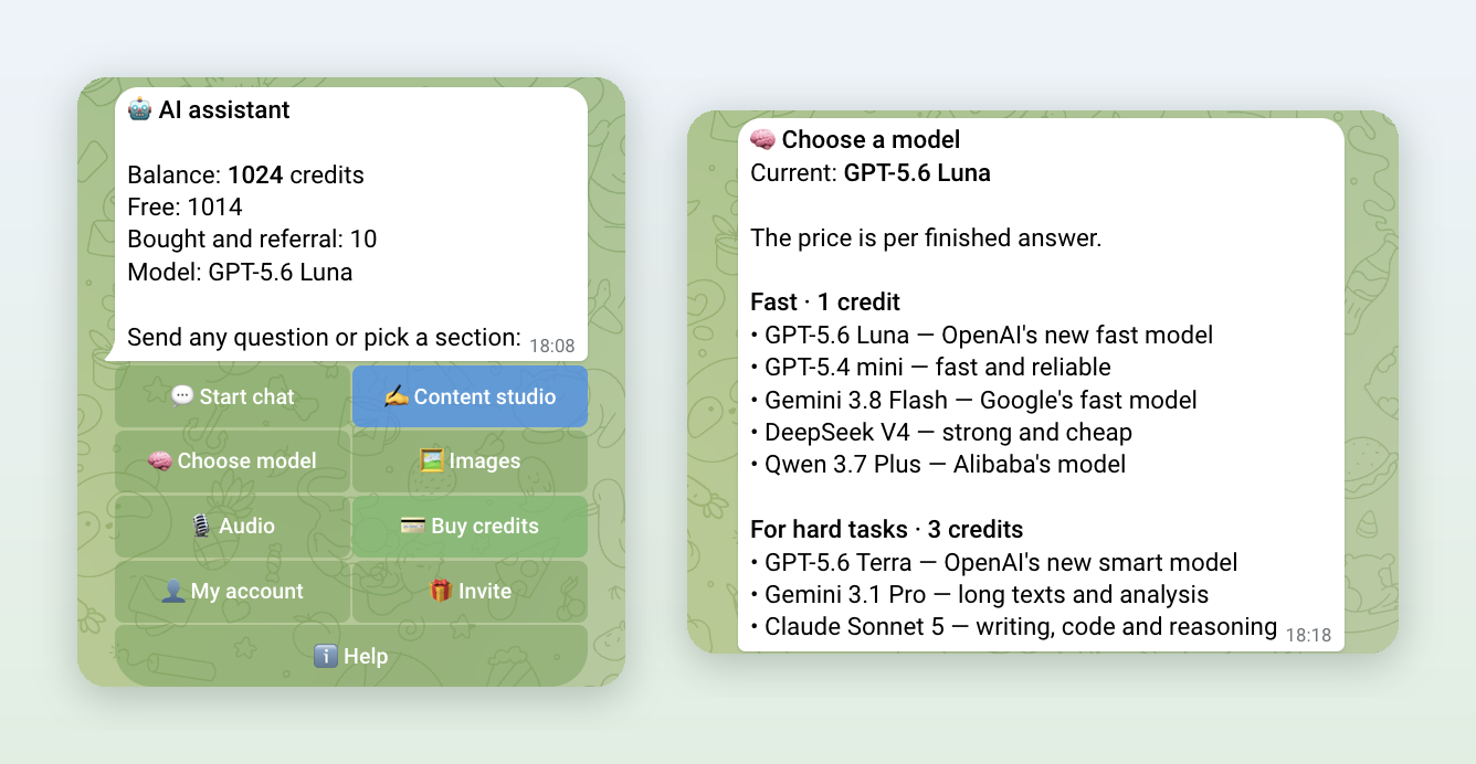 The Own AI bot in Telegram: the main menu with balance and sections next to the model picker with prices