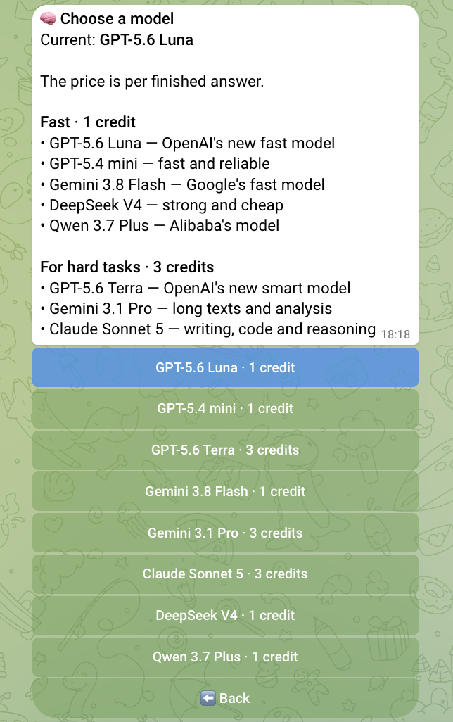 The model picker: five fast models at 1 credit and three for hard tasks at 3 credits