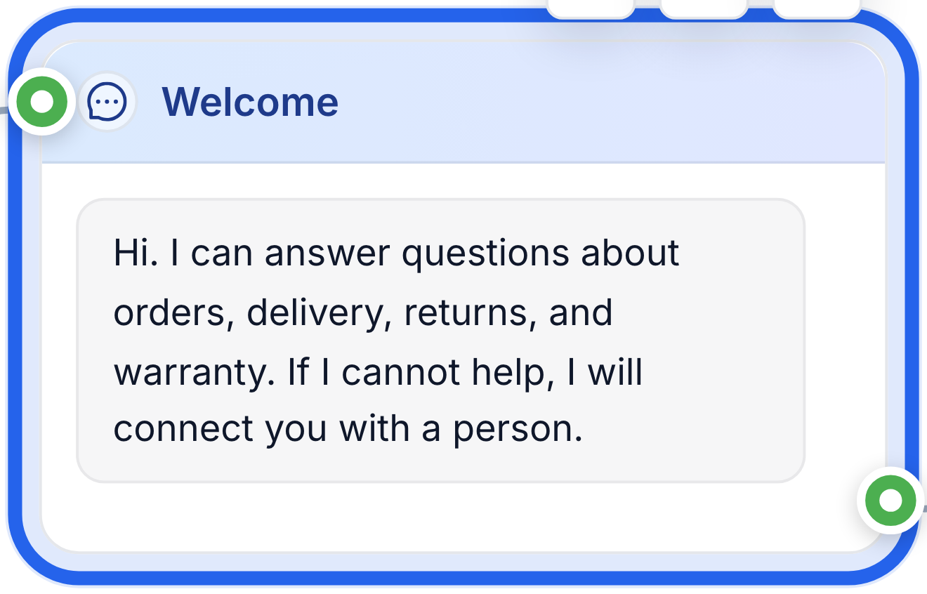 FlowCastle message editor canvas close-up with the AI support bot welcome message
