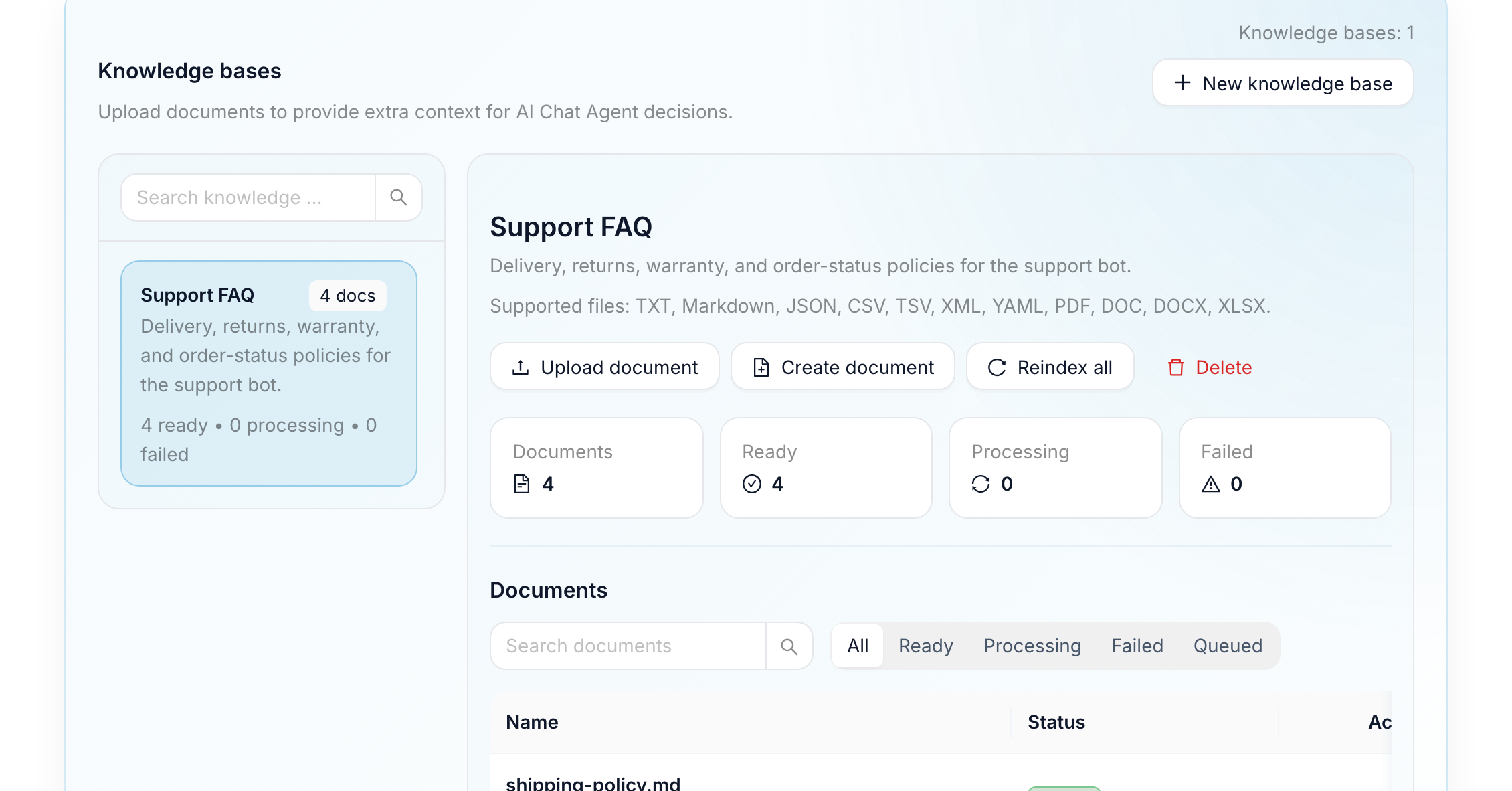 FlowCastle knowledge base manager showing support FAQ documents ready for an AI support bot