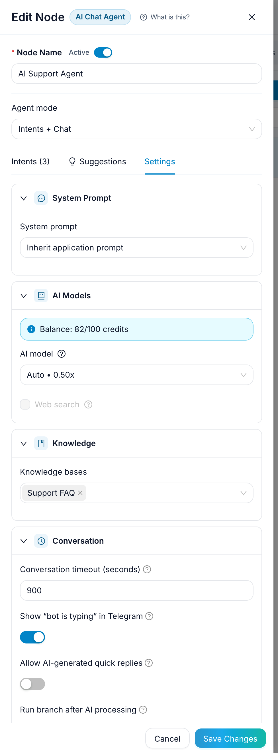 AI Support Agent settings in FlowCastle with the Support FAQ knowledge base attached