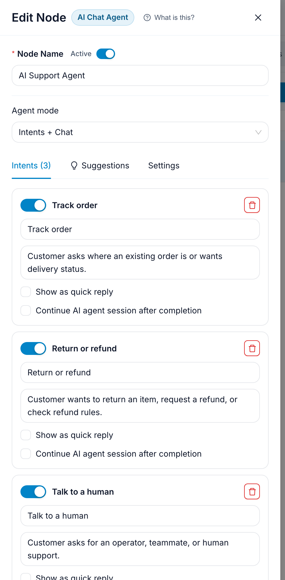 AI Support Agent intents tab with Track order, Return or refund, and Talk to a human intents