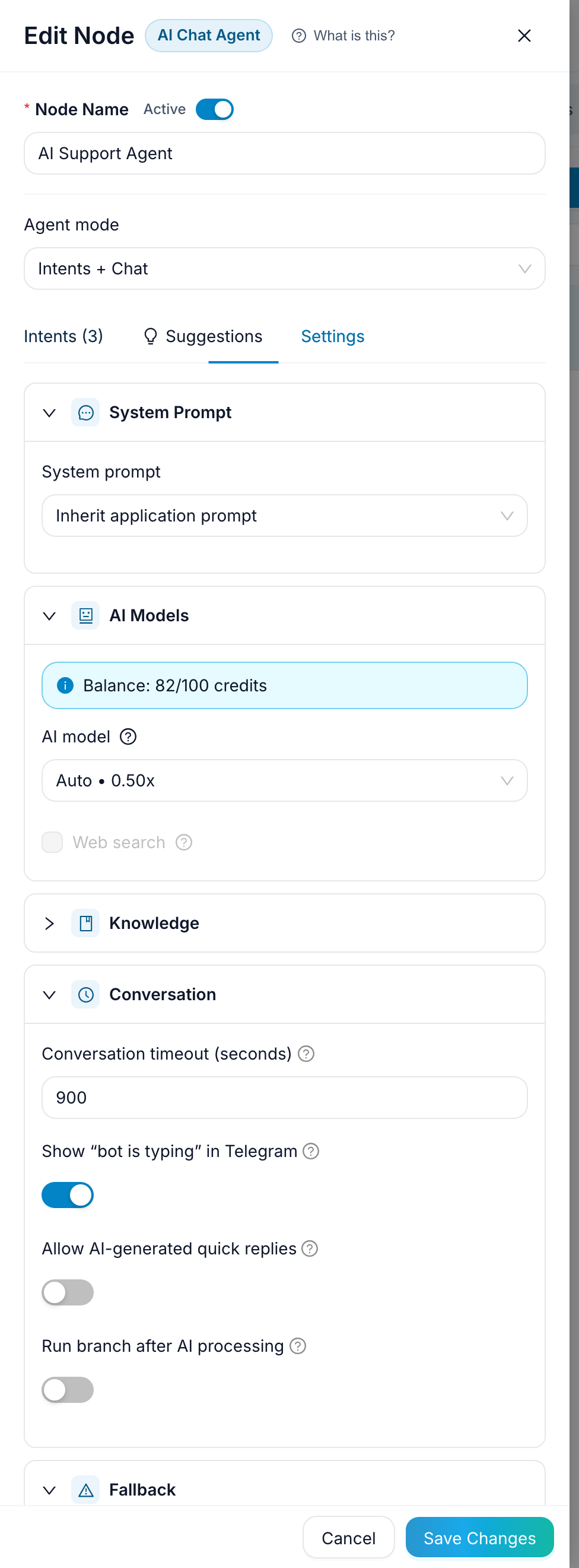 AI Support Agent fallback settings showing handoff to another block for no-match conversations