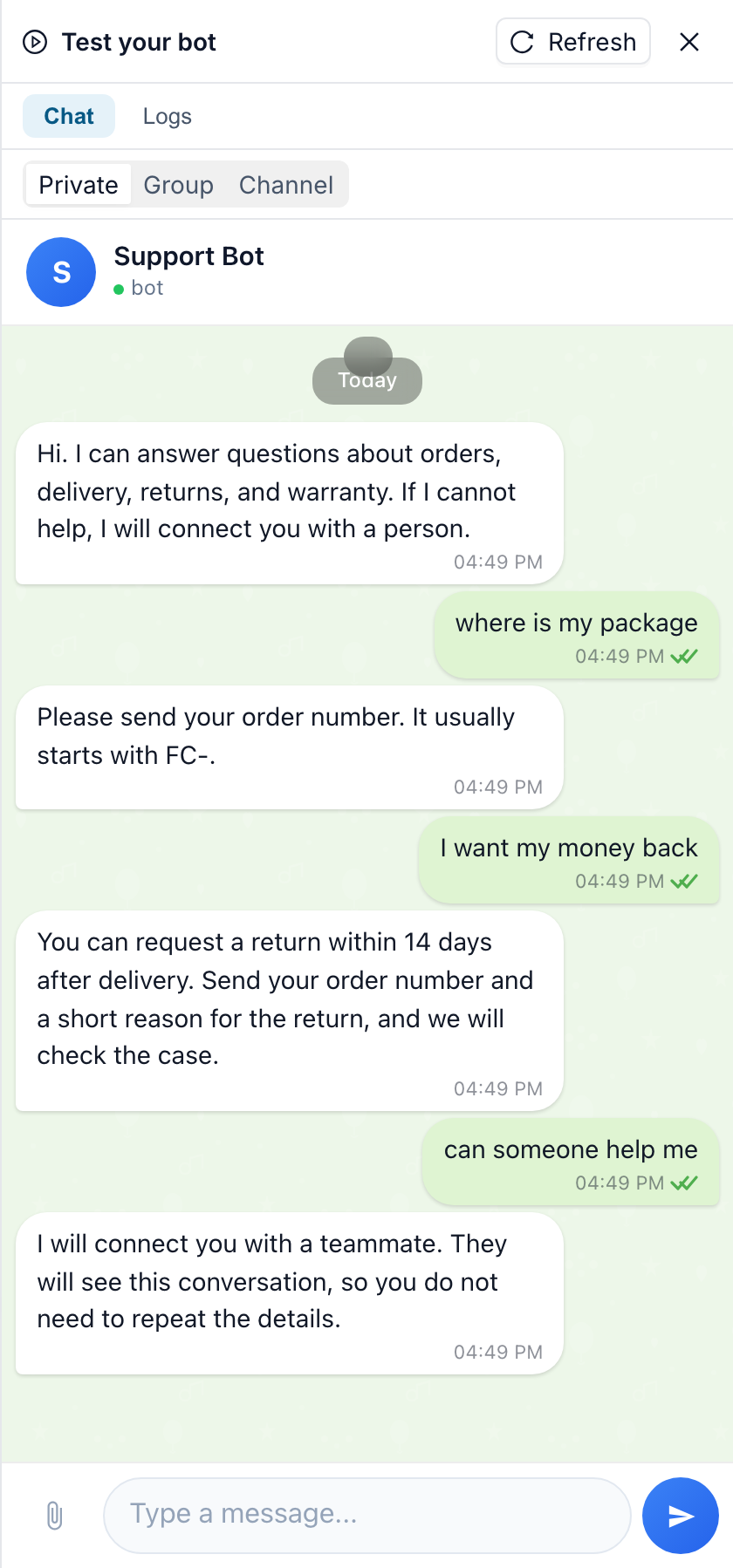 FlowCastle Test bot chat tab showing a support conversation with order, refund, and human handoff messages