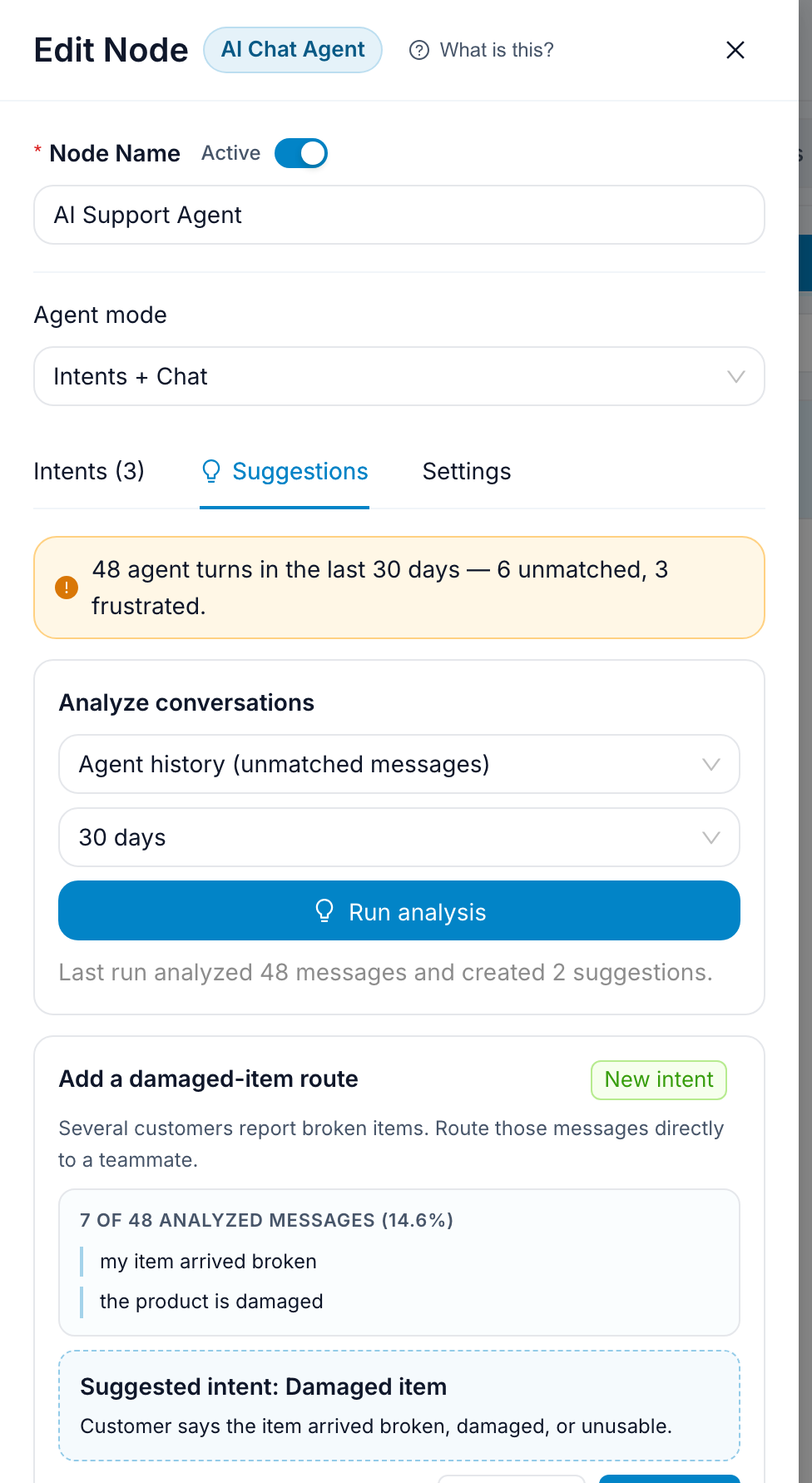 FlowCastle AI agent suggestions tab recommending a damaged-item intent after conversation analysis
