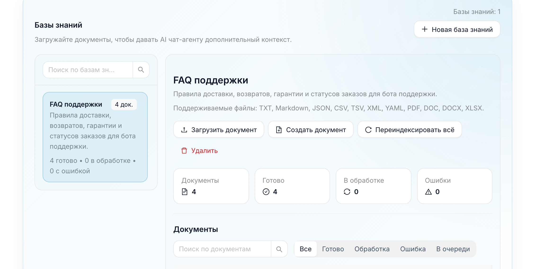 Раздел баз знаний FlowCastle с документами FAQ поддержки для AI-бота