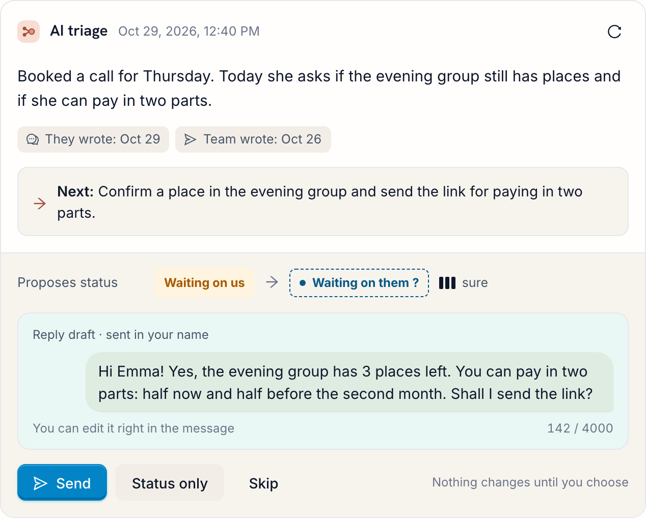 AI triage of a lead: a short summary, the next step and a draft reply