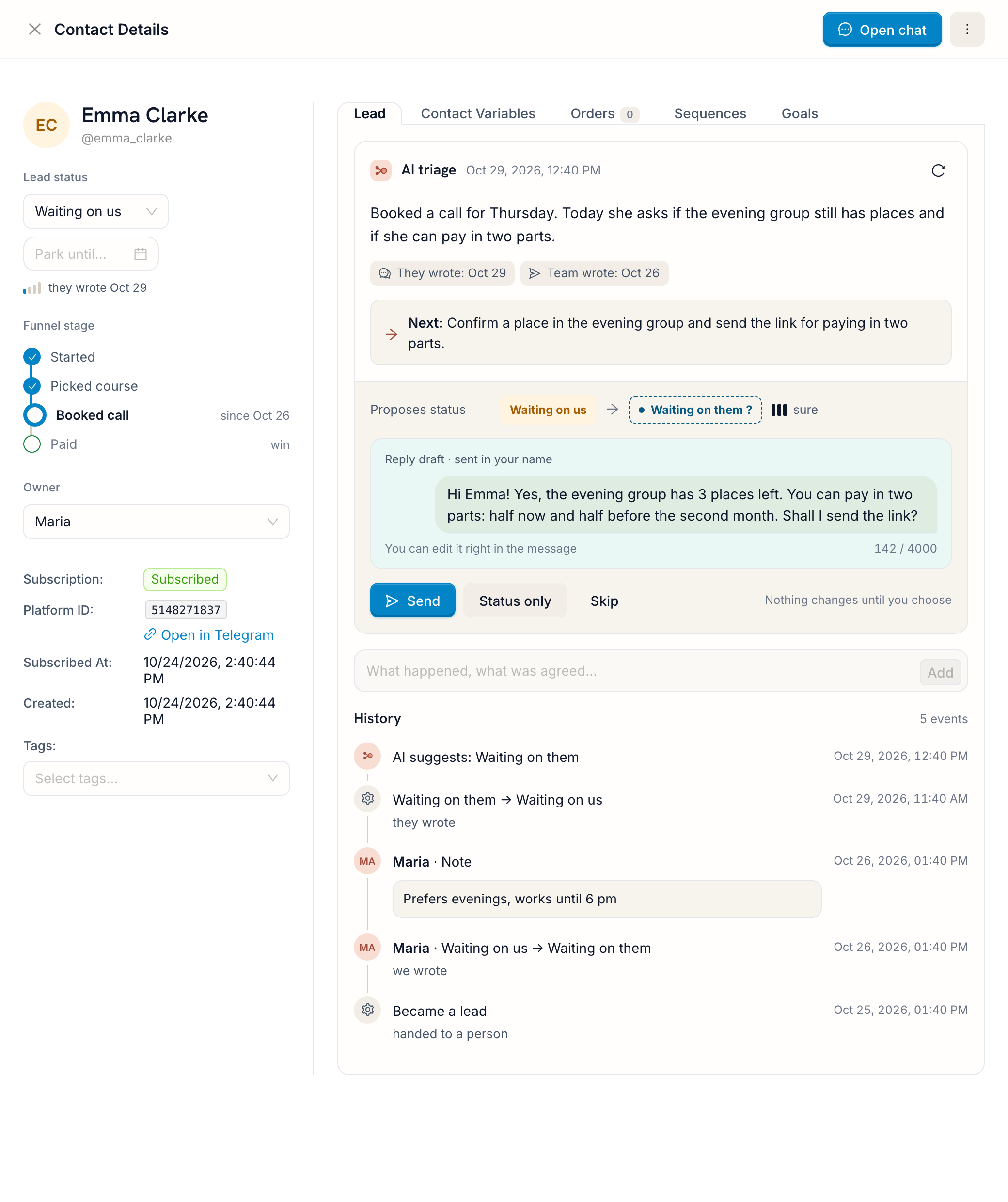 A lead's contact card: AI summary of the conversation, the suggested next step, a draft reply and the history of status changes
