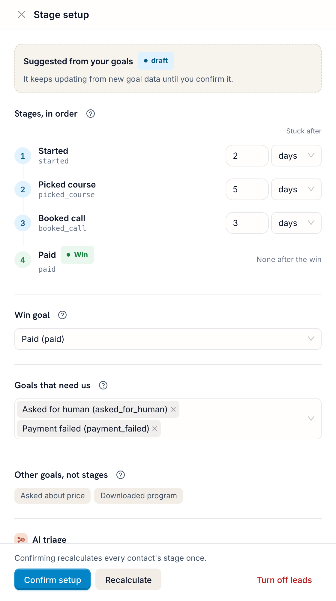 Stage setup in FlowCastle: four funnel stages built from the bot's goals, how long people usually stay at each, the win goal and the goals that need a reply