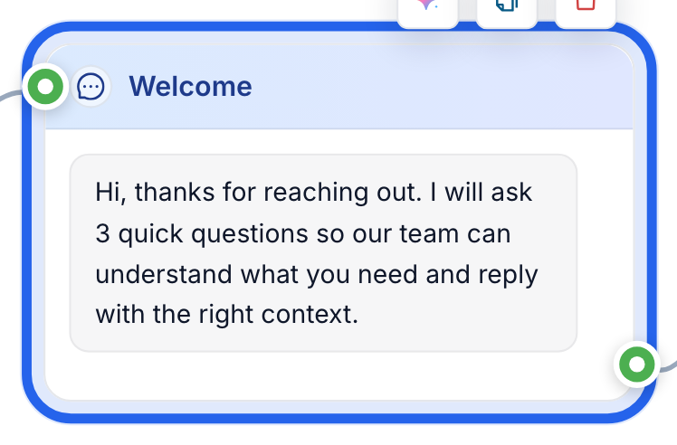FlowCastle editor showing the welcome message block for a Telegram lead bot.