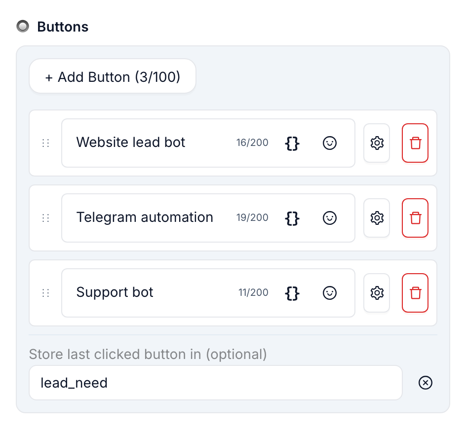 Button settings panel showing the "store last clicked button in" setting pointed at the lead_need contact variable.