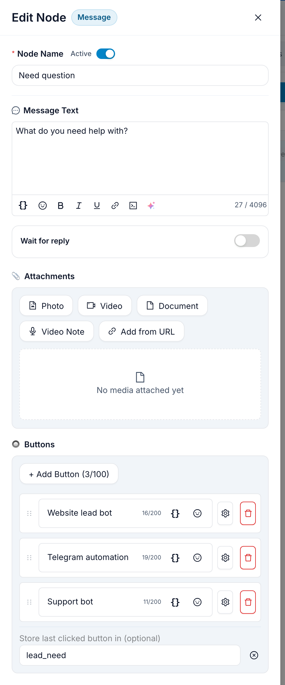 Message editor drawer for the first qualifying question, showing the message text, the media section, and the list of answer buttons.