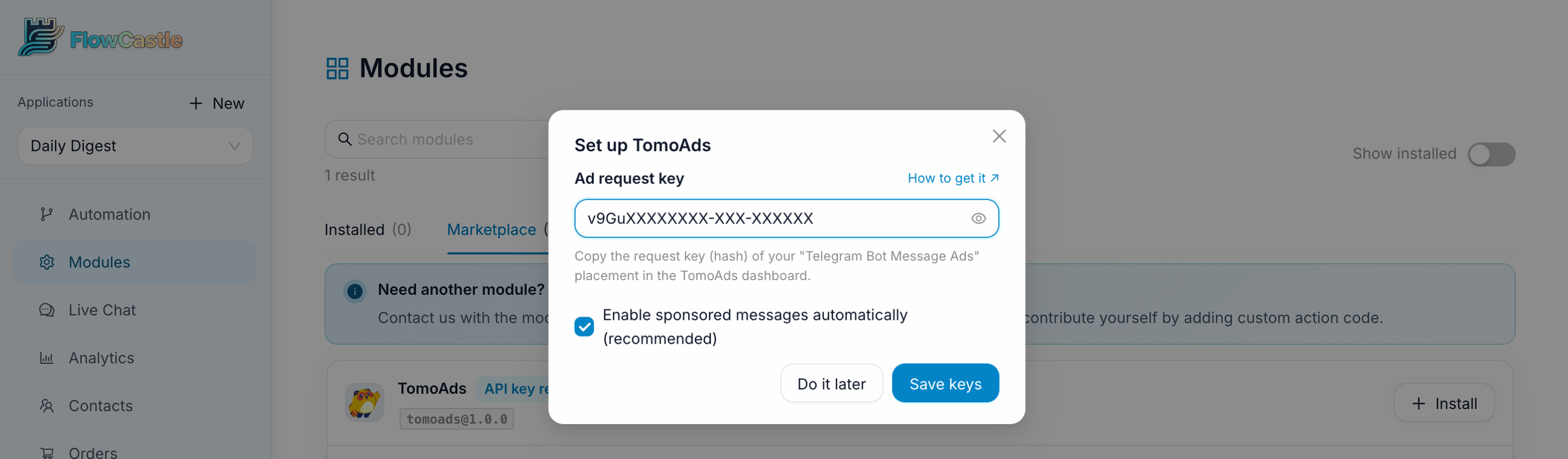 The TomoAds module setup dialog in FlowCastle with the Ad request key field and the automatic sponsored messages checkbox