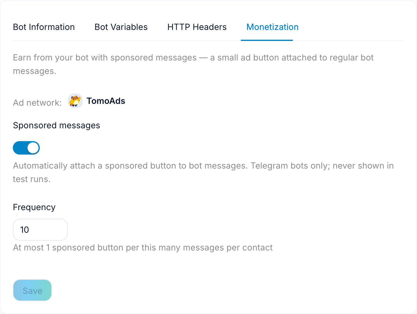 The Monetization tab in FlowCastle bot settings with the sponsored messages switch and frequency setting