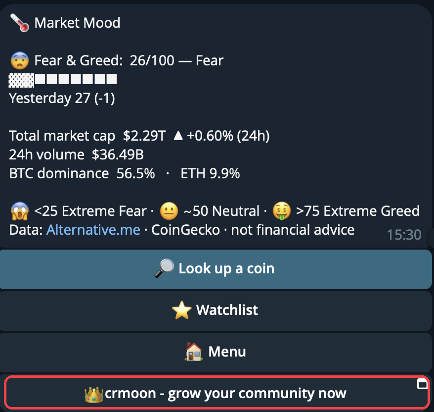 A Telegram bot message with a sponsored ad button attached below the regular reply