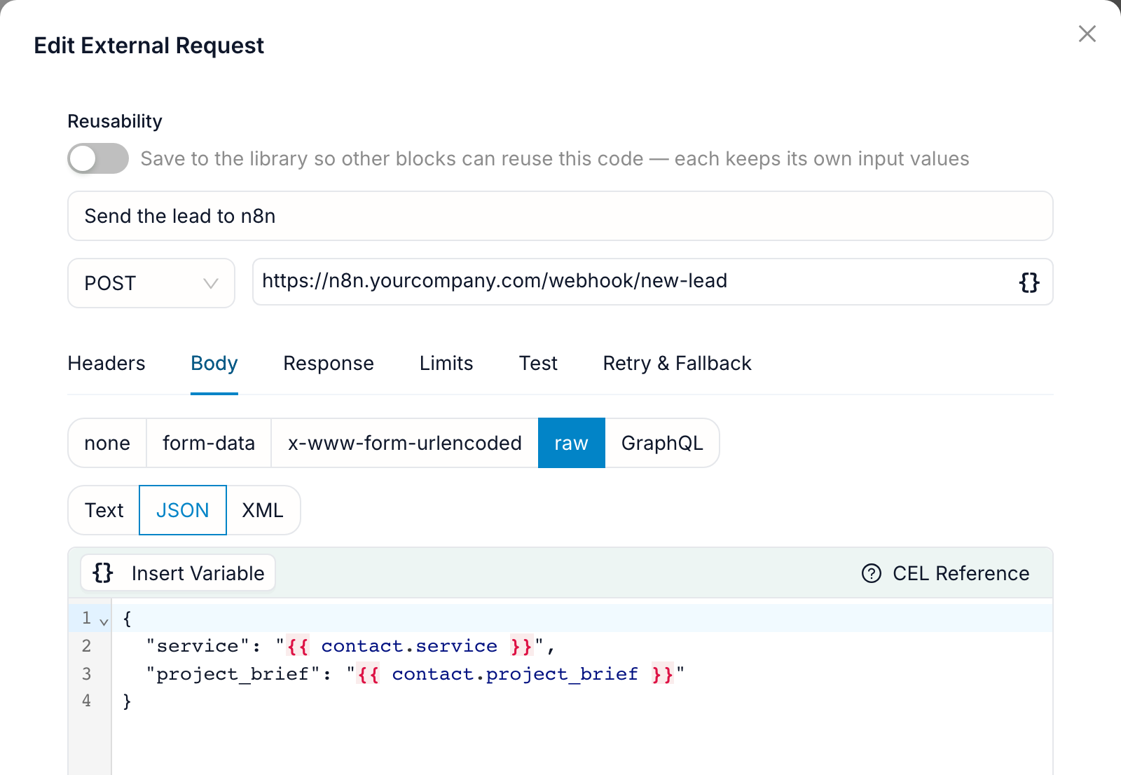 The FlowCastle External Request editor set to POST with an n8n webhook URL and a JSON body that carries the service and project_brief variables