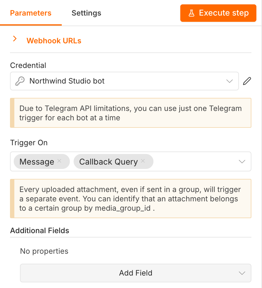 The n8n Telegram Trigger settings with Trigger On set to Message and Callback Query, under a notice that one bot can have only one Telegram trigger at a time