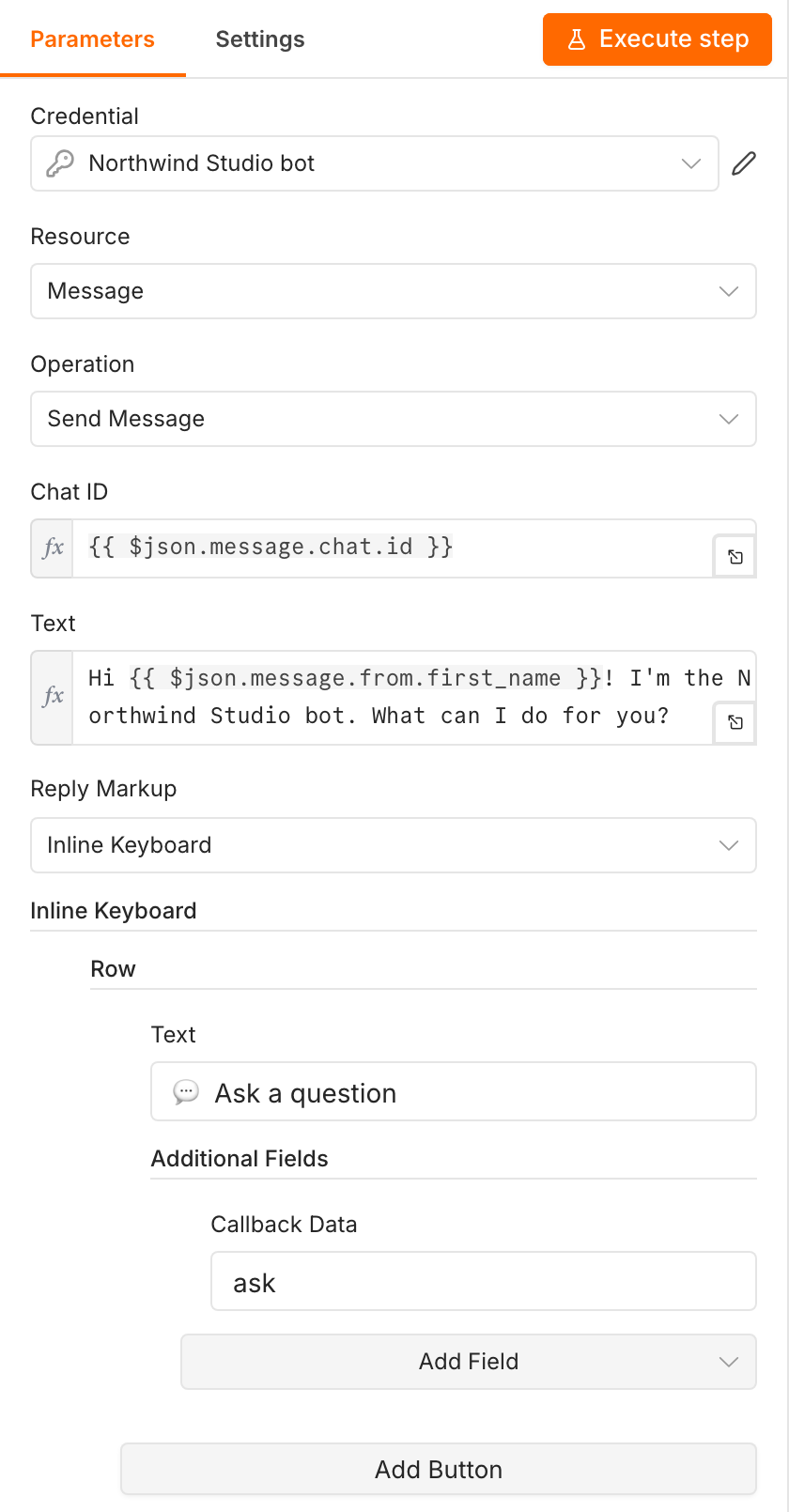 The n8n Telegram node set to Send Message with Reply Markup set to Inline Keyboard and a button "Ask a question" whose Callback Data is "ask"