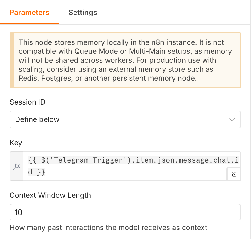 The n8n Simple Memory node with Session ID set to Define below, the Telegram chat id as the key, a context window of 10, and a notice that memory is stored locally in the n8n instance