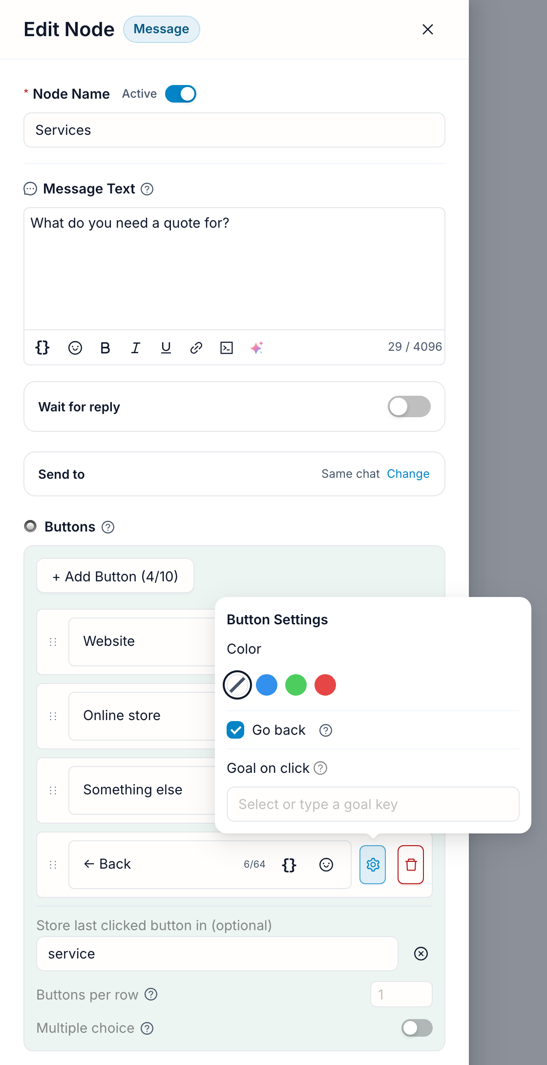 The Services menu in the FlowCastle editor with four buttons; the Button Settings popover of the Back button has Go back ticked, and the tapped button is stored in the service variable