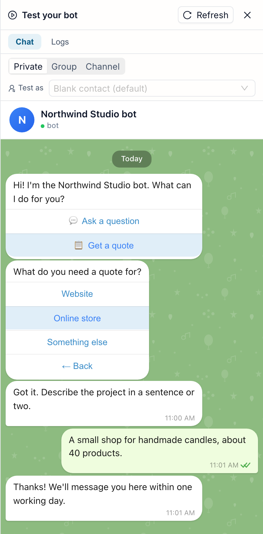 The FlowCastle test chat: the bot shows the menu, Get a quote and Online store are highlighted as tapped, the customer types a short brief and gets a confirmation