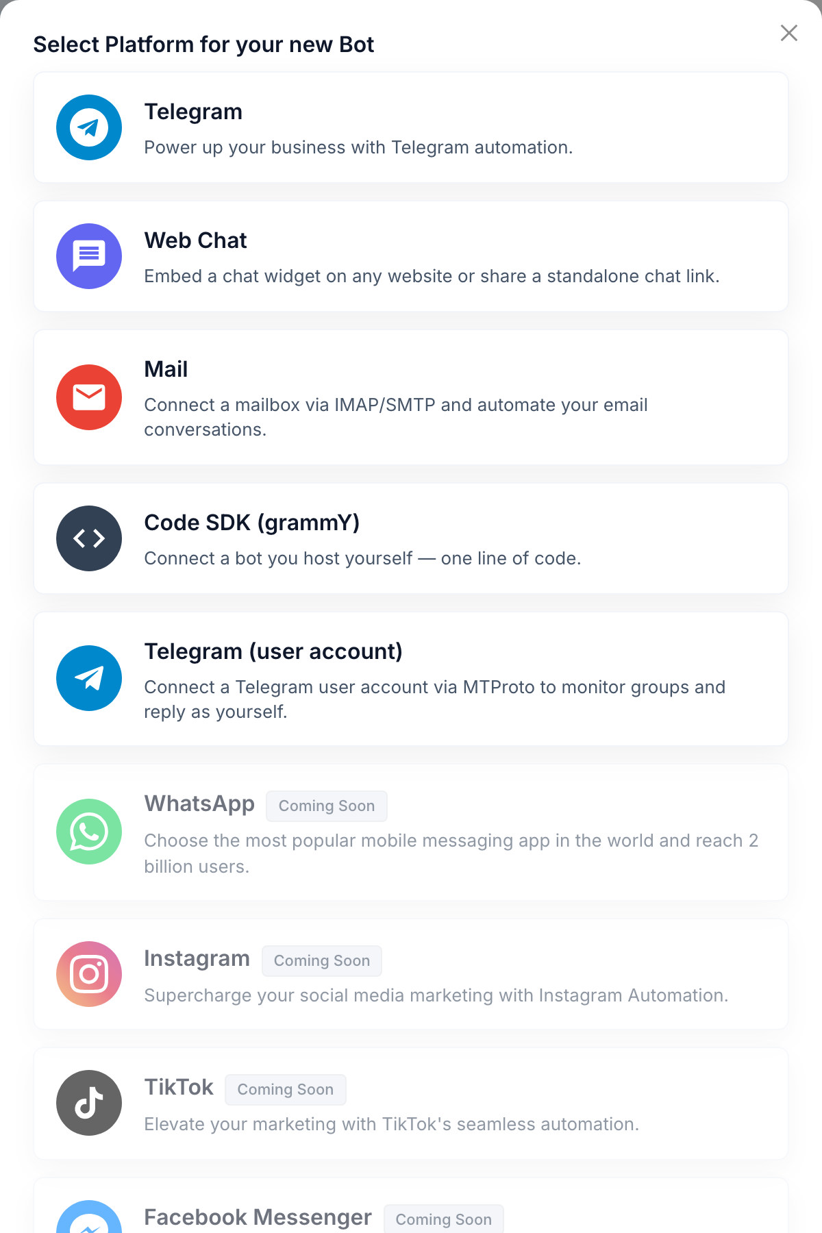 FlowCastle platform picker with the Telegram user account option selected
