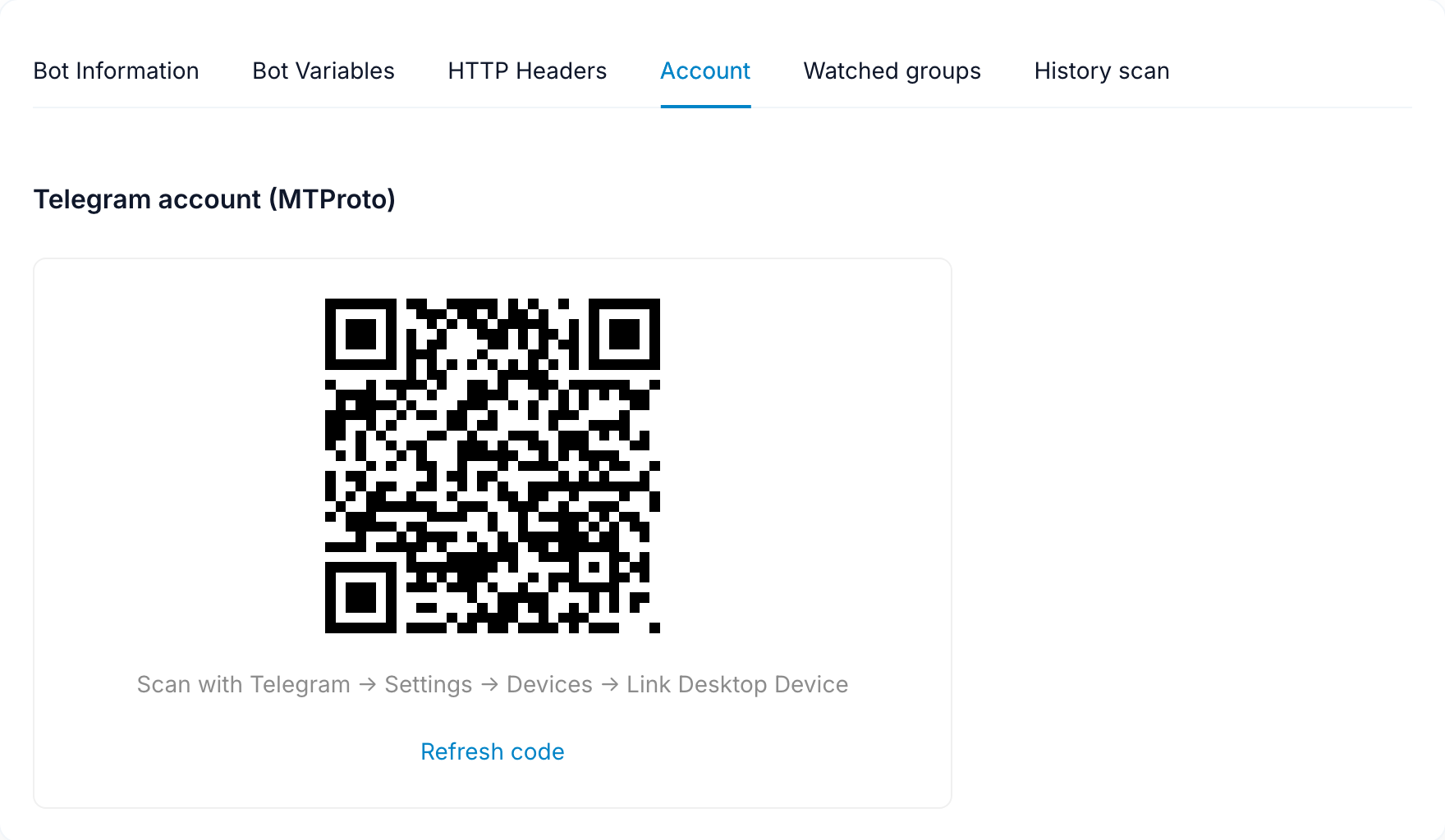 Account tab in FlowCastle showing the QR code used to link a Telegram account