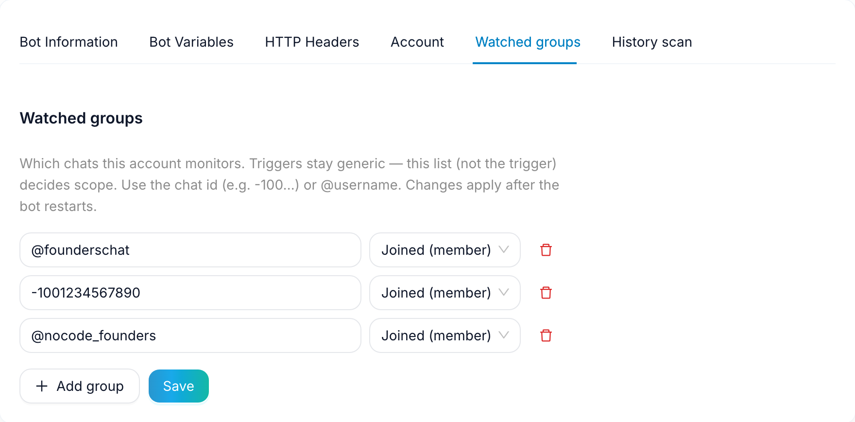 Watched groups list in FlowCastle with groups added in Joined member mode