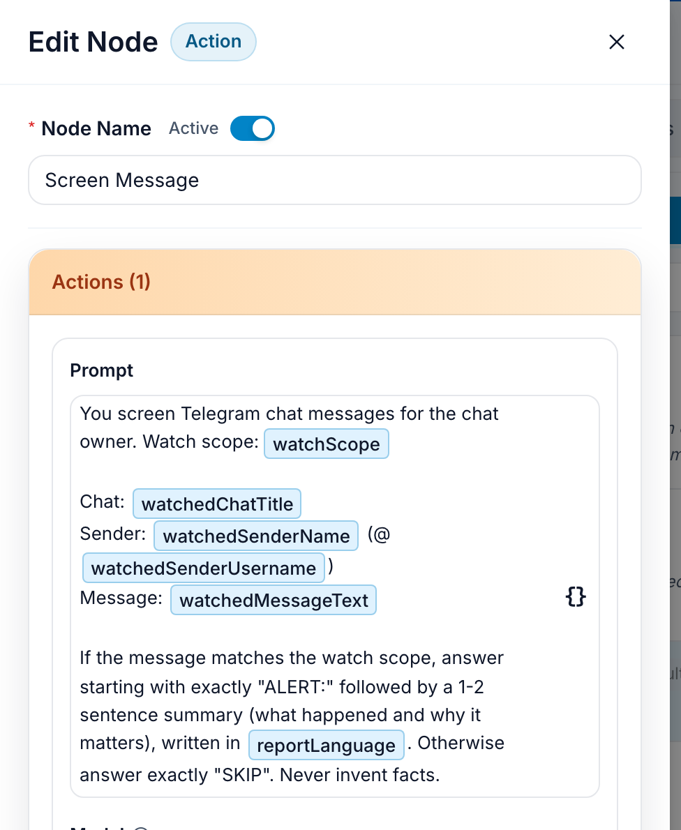 AI Action editor in FlowCastle with the watch scope screening prompt