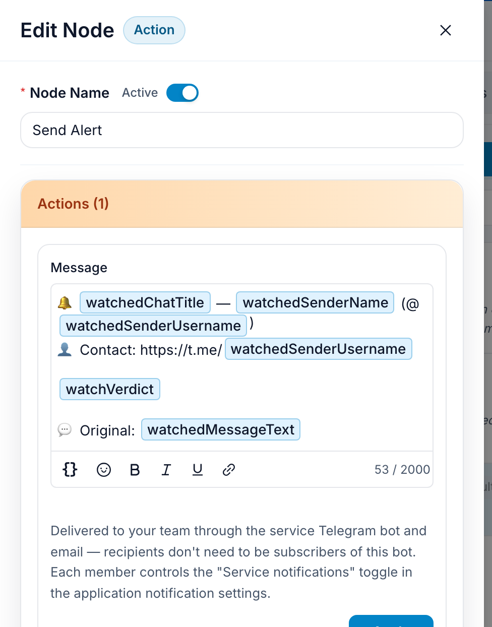 Service Notification editor in FlowCastle with the alert text and the service-bot delivery hint