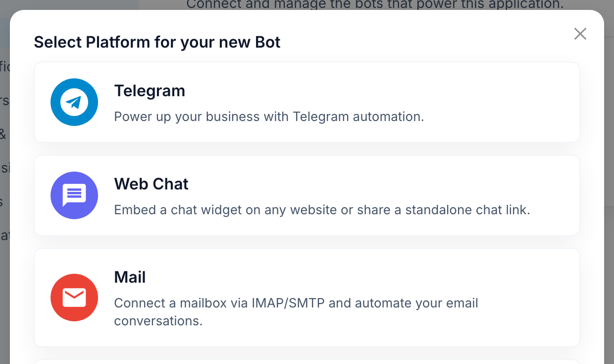 The Add Bot platform picker in FlowCastle with the Web Chat option: embed a chat widget on any website or share a standalone chat link
