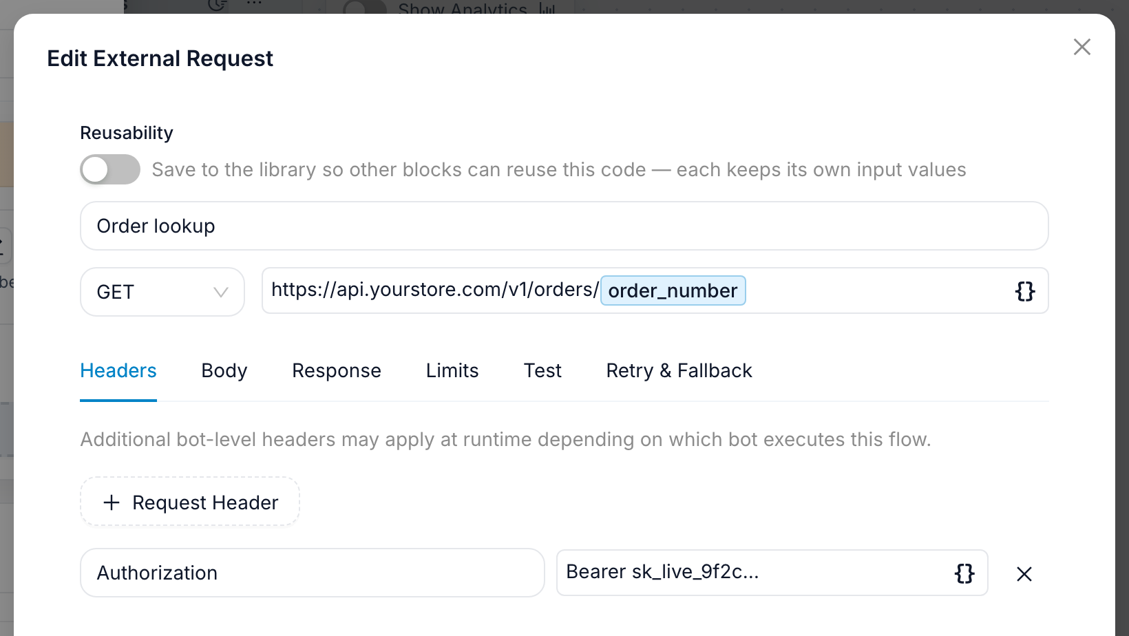 The External Request editor in FlowCastle set to GET, with the orders endpoint and the order_number variable inserted as a chip, and an Authorization header on the Headers tab