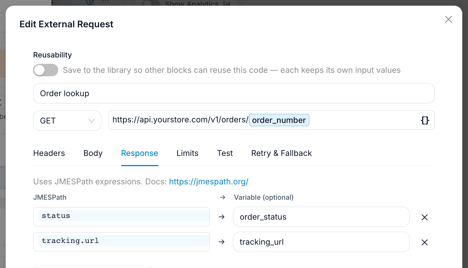 The Response tab of the External Request editor with two JMESPath mappings: status into order_status, and tracking.url into tracking_url