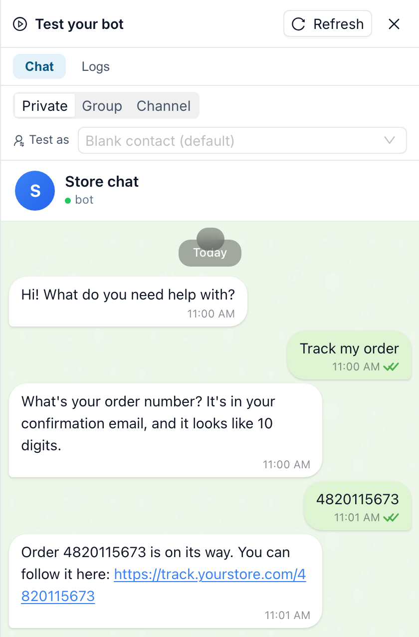 The FlowCastle test panel chat: the visitor taps Track my order, sends order number 4820115673, and the bot replies with the real shipped status and a tracking link