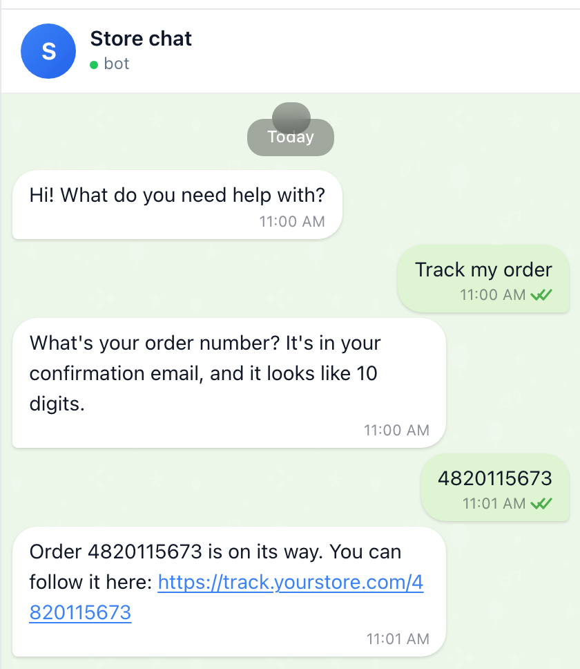 The same flow seen by the visitor: the FlowCastle widget takes an order number and answers with the real shipped status and a tracking link