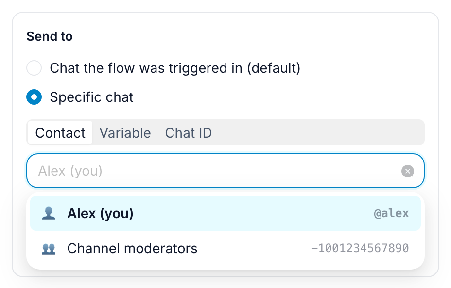 The contact picker open, listing a person and a moderation group with icons