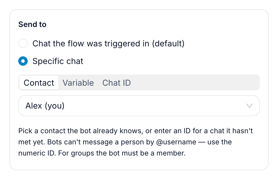 The Send to section with Specific chat selected, the Contact tab active and the owner's own contact chosen