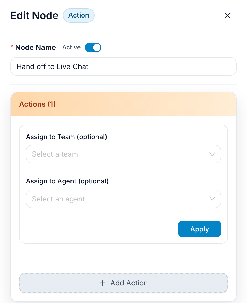 The Start Conversation action open in the editor, with optional team and agent selects