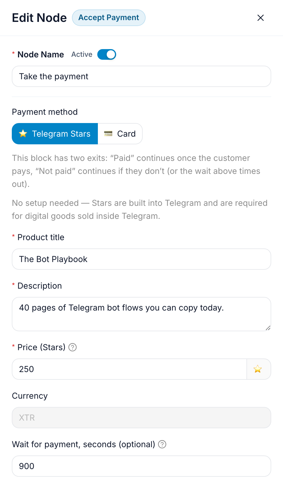 The payment editor on the Stars rail: product title, description, price of 250 Stars, currency locked to XTR