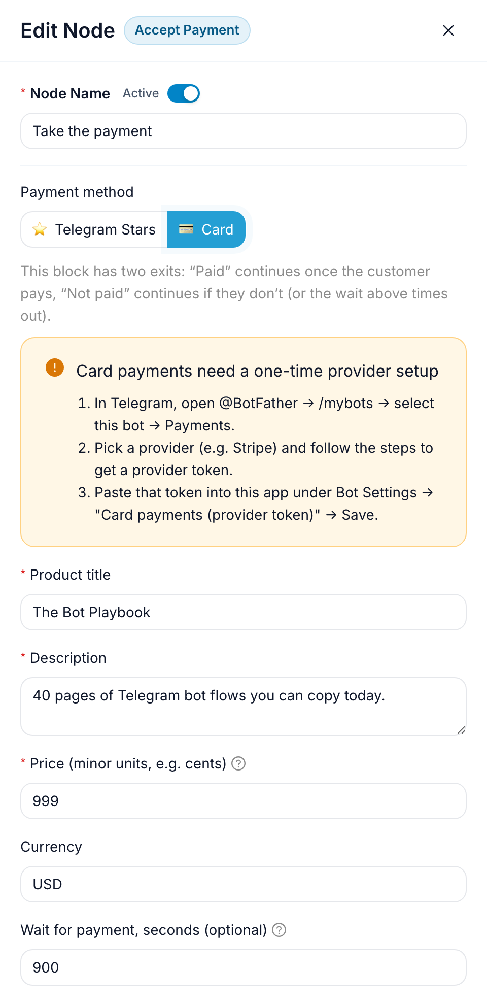 The payment editor on the Card rail, showing the provider setup warning and the price in minor units