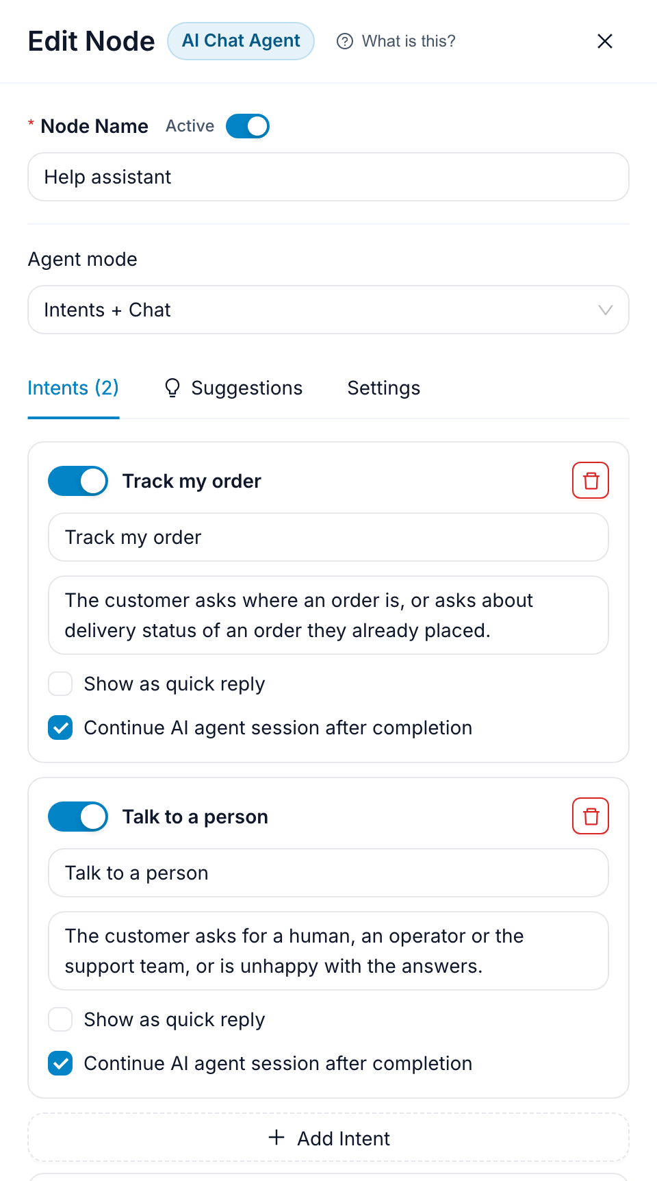 The Intents tab with two intent cards, each with a name, a description and its two checkboxes