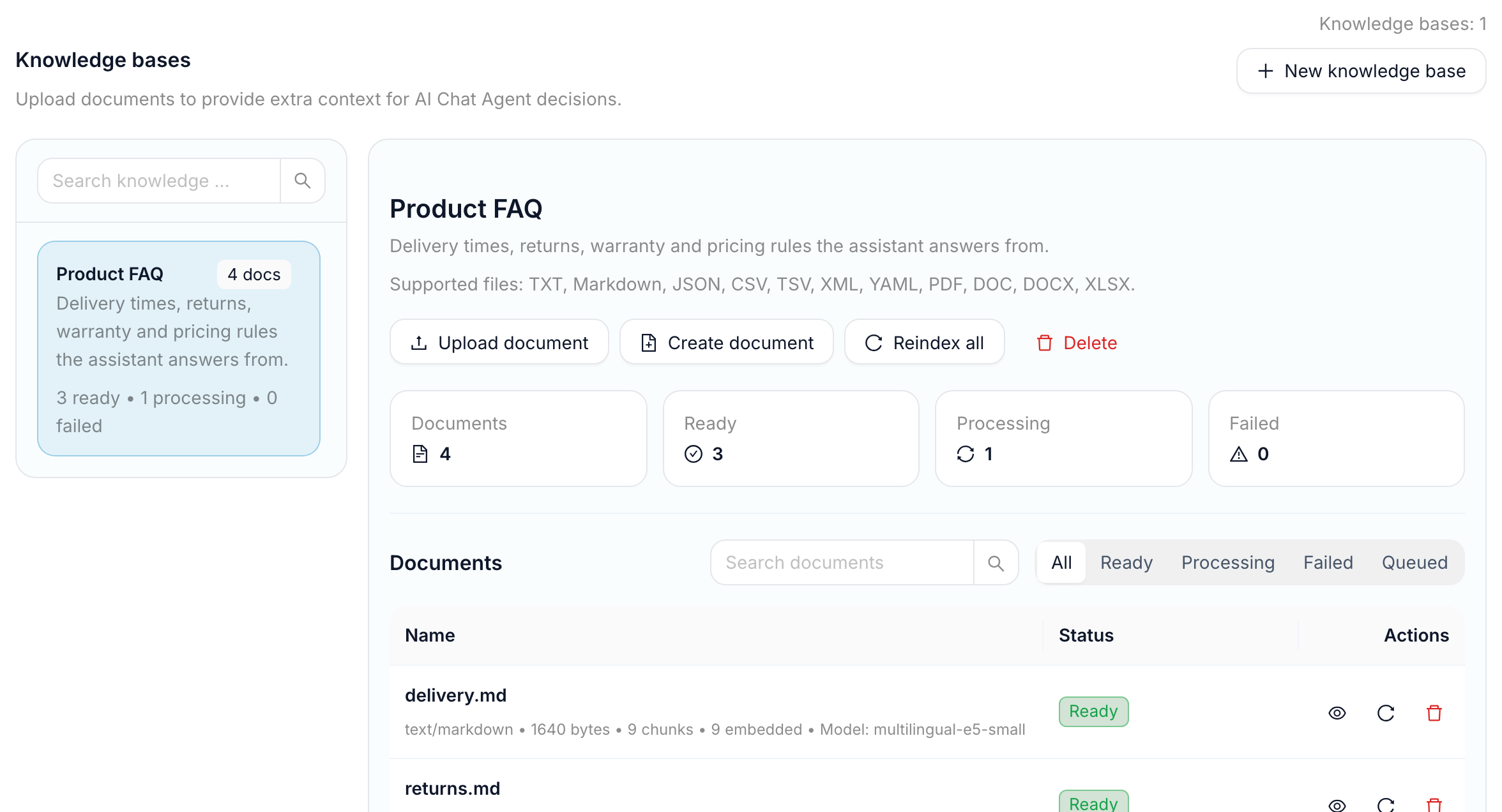 The Knowledge bases section on the AI Settings page with a base selected, its supported file types, counters and the document list