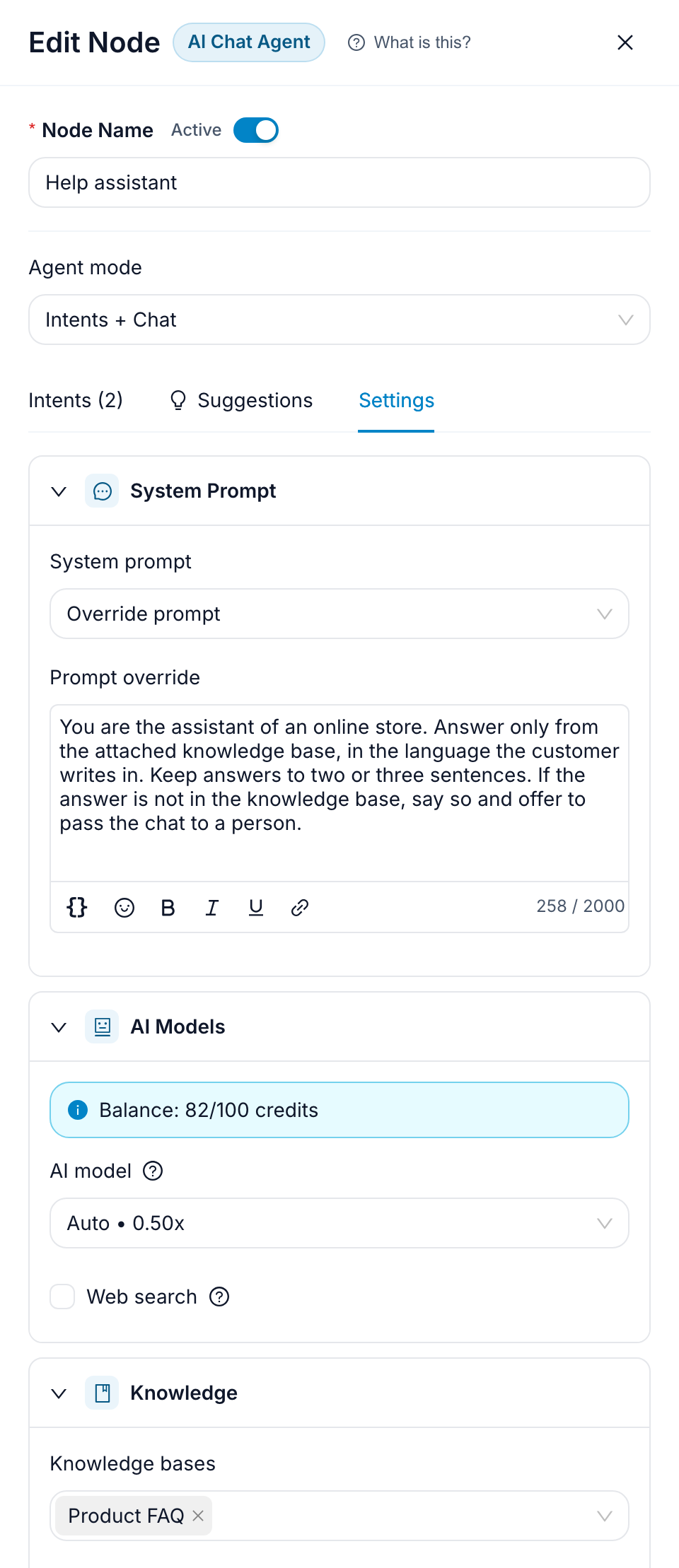 The Settings tab with the system prompt on Override, the model on Auto and one knowledge base attached